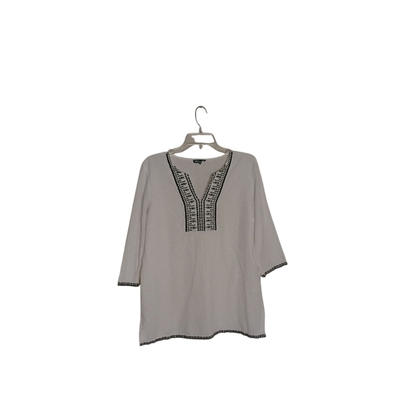 Fleur Bleue Tops - Fleur Bleue Women's L White Blue Embroidery 3/4 Sleeve Tunic Top